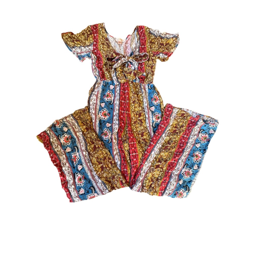 Band of Gypsies Boho Paisley Floral Wide Leg Jumpsuit Tie Neck Short Sleeve M